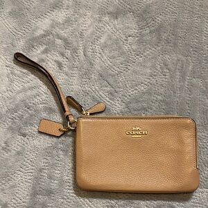 Coach Tan Pebbled Leather Wristlet with Gold Accents